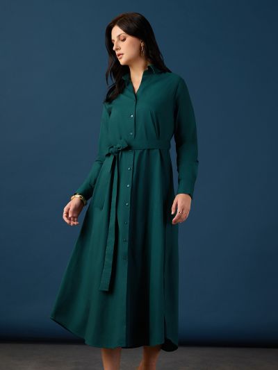Globus Women Green Collared Neck Cuff Sleeves Chest Patch Pocket Shirt Style A-Line Midi Workwear Dress With Belt