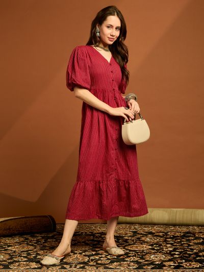 Globus Women Maroon V-neck Puff Sleeves Cambric Cotton Striped Tiered Fit & Flare Midi Dress