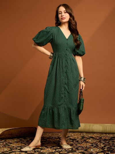 Globus Women Green V-neck Puff Sleeves Cambric Cotton Striped Tiered Fit & Flare Midi Dress
