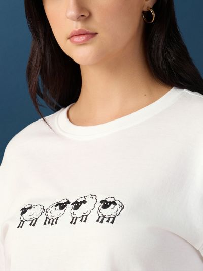 Globus Women White Round Neck Drop Shoulder Sleeves Graphic Embroidered Crop T-Shirt
