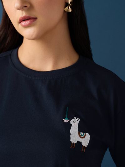 Globus Women Blue Round Neck Drop Shoulder Sleeves Graphic Embroidered T-Shirt