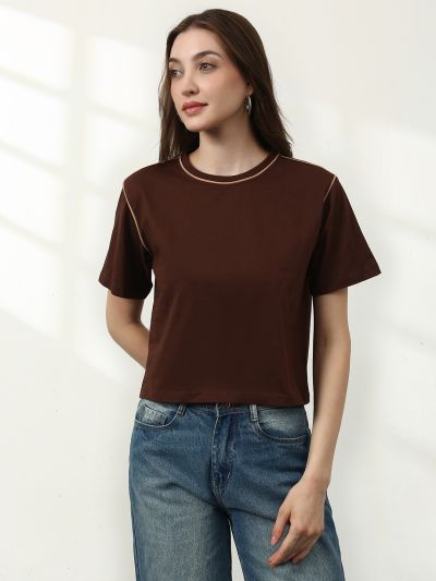 Globus Women Brown Round Neck Short Sleeves Crop T-Shirt