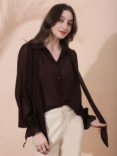 Globus Women Brown Collared Neck Tie Detail Bishop Sleeves Chiffon Oversized Party Shirt