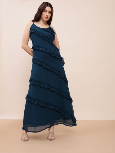 Globus Women Teal Scoop Neck Strappy Sleeves Ruffle Detail Georgette A-Line Maxi Party Dress
