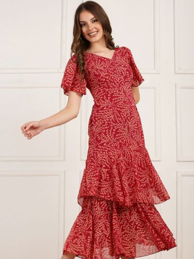 Globus Women Maroon V-Neck Flutter Sleeves Printed Layered Georgette Midi Dress 