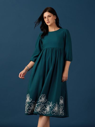 Globus Women Teal Round Neck Puff Sleeves Floral Embroidered Gathered Fit & Flare Midi Dress