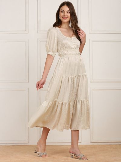 Globus Women White Square Neck Puff Sleeves Jacqaurd Flared Midi Party Dress