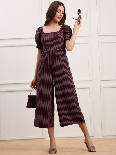 Globus Women Wine Striped Square Neck Puff Sleeves Smocked Back Cropped Wide Leg Jumpsuit