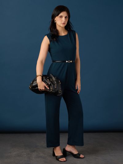 Globus Women Navy Blue Round Neck Sleeveless Gathered Detail Self Design Wide Leg Party Jumpsuit