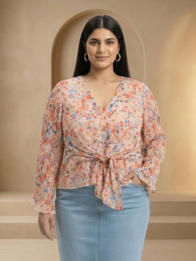 Globus Gloplus Women Multi Color Georgette Floral Print V-Neck Wrap Waist Tie-Ups Flared Sleeves Plus Size Peplum Top