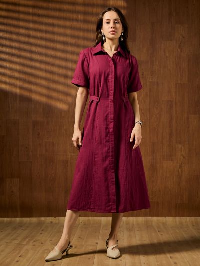 Globus Women Wine Collared Short Sleeves Solid Formal A-Line Midi Dress