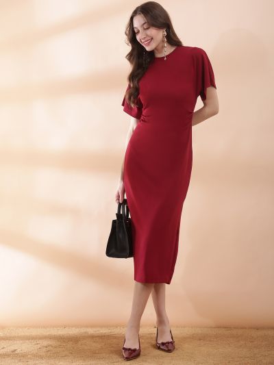 Globus Women Maroon Round Neck Extended Sleeves Back Slit Midi Bodycon Work Wear Dress