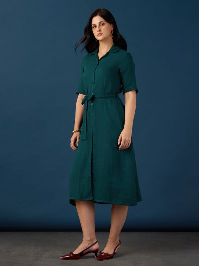 Globus Women Green Collared Neck Short Sleeves Shirt Style A-Line Midi Workwear Dress With Belt