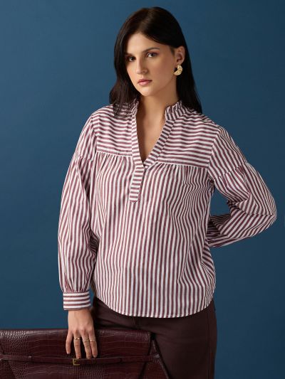 Globus Women Brown Frill Detail V-Neck Puff Sleeves Striped Loose Fit Workwear Top