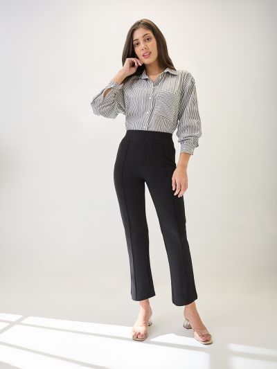 Globus Women Black Solid Mid-Rise Flat Front Korean Pants