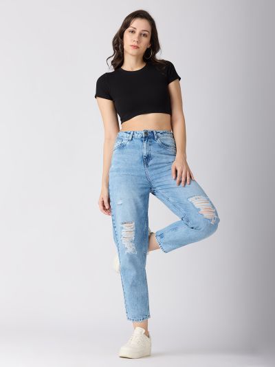 Globus Women Med Blue Slash Knee Distress High-Rise Barrel Fit Jeans