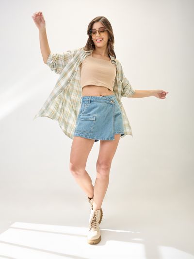 Globus Women Light Blue Slim Fit Mid-Rise Front Pocket Denim Skorts