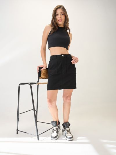 Globus Women Black Cotton Mid Rise Pocket Detail Mini Denim Skirt