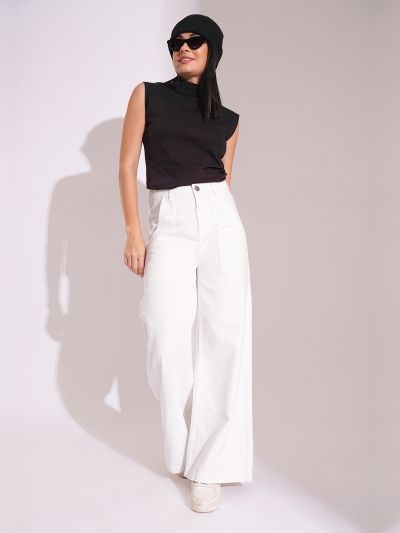 Globus Women White Cotton High Rise Wide Leg Jeans