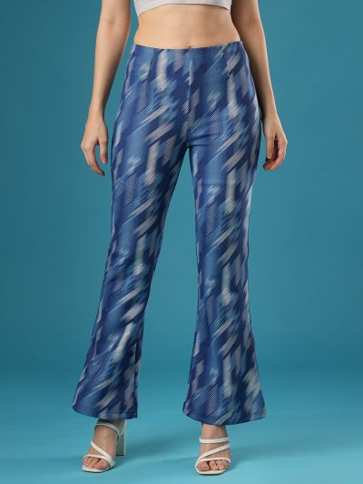 Globus Women Blue Canvas Hazy Print Mid Rise Stretchable Slim Fit Flared Teggings