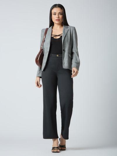 Globus Women Black Self Checked Design Stretchable Mid-Rise Straight Fit Workwear Trousers