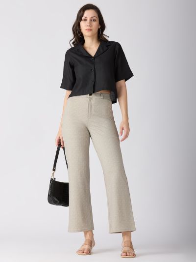 Globus Women Beige Self Checked Design Stretchable Mid-Rise Straight Fit Workwear Trousers