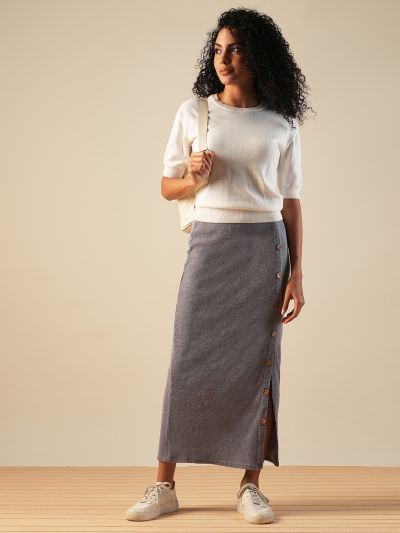 Globus Women Grey Self Design Button Detail Mid-Rise Side Slit Midi Pencil Skirt