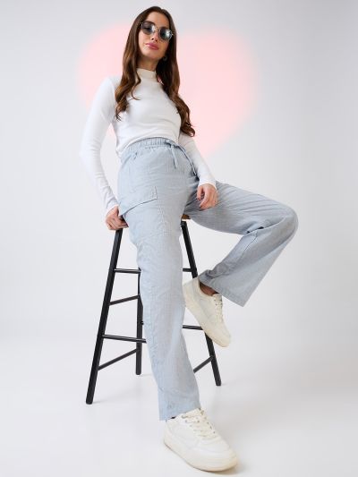 Globus Women Light Blue Self Design Checkered Mid Rise Drawstring Waist Cargo Trousers