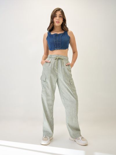 Globus Women Light Green Self Design Checkered Drawstring Waist Cargo Trousers