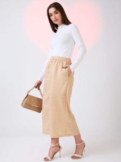 Globus Women Beige Self Design Checkered Mid Rise Side Pockets Midi Workwear Skirt