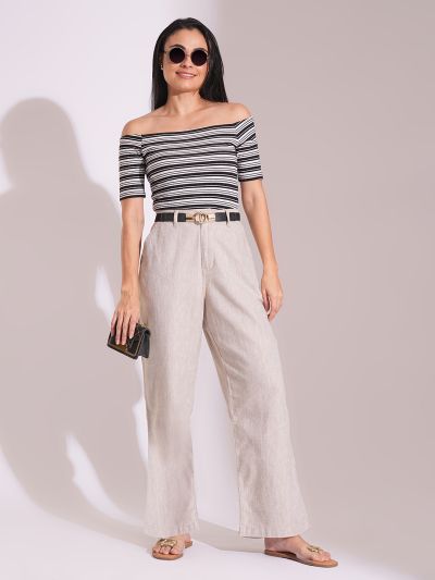 Globus Women Natural Cotton High-Rise Wide Leg Formal Trousers