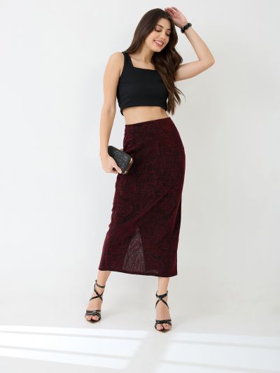 Globus Women Red Shimmer Mid-Rise Back Slit Midi Pencil Party Skirt