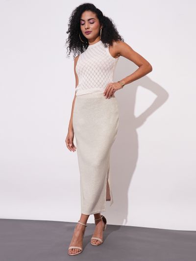 Globus Women Ivory Sheen Self Design Stretchable Mid-Rise Side Slit Maxi Party Pencil Skirt