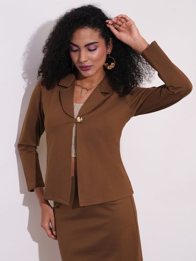 Globus Women Coffee Notch Lapel Long Sleeves Stretchable Straight Hem Open Front Workwear Blazer Jacket