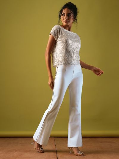 Globus Women White Stretchable High-Rise Embellished Side Tape Flared Party Treggings