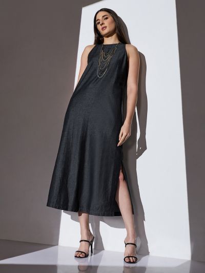 Globus Women Black Round Neck Sleeveless Solid Side Slit Midi A-Line Denim Dress