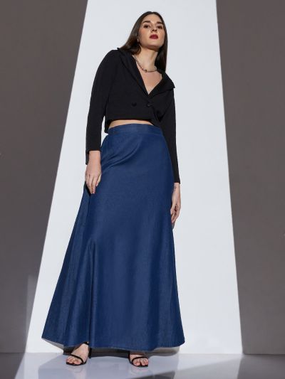 Globus Women Med Blue Mid-Rise Solid A-Line Denim Maxi Skirt