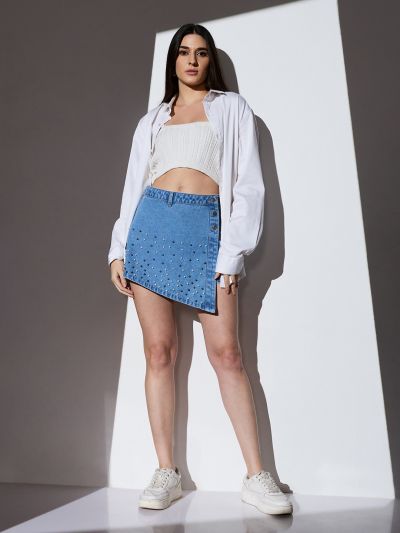 Globus Women Med Blue Mid-Rise Pearl Embellished Mini Denim Skorts