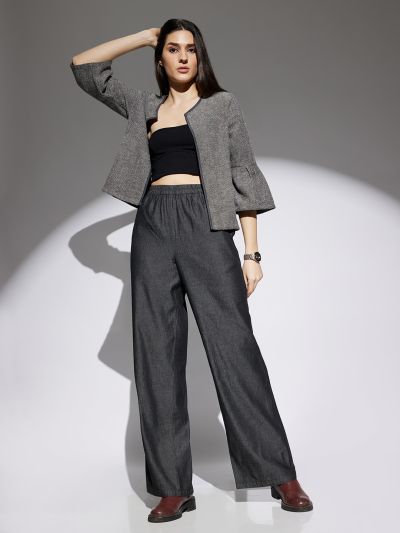 Globus Women Black Solid Denim Mid Rise Elasticated Waist Wide Leg Trousers