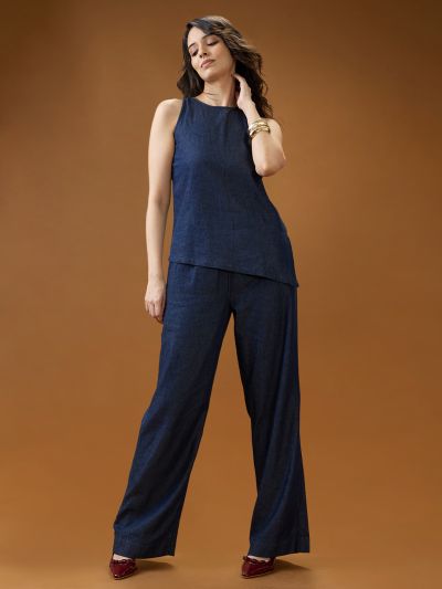 Globus Women Dark Blue Mid Rise Pleated Relaxed Fit Wide Leg Denim Trousers