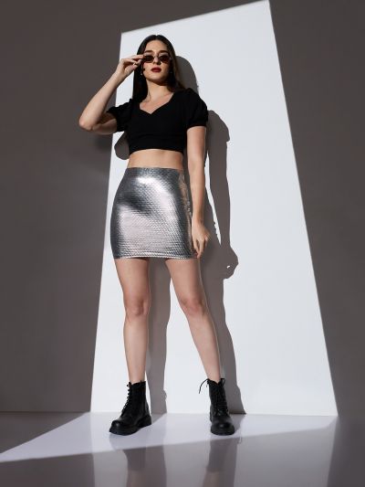 Globus Women Grey Mid-Rise Self Design Sheen Stretchable Mini Bodycon Party Skirt