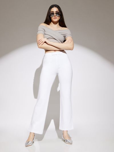 Globus Women White Solid Mid Rise Straight Fit Stretchable Trousers