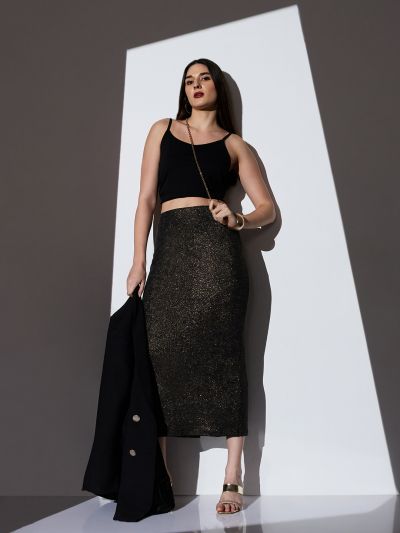 Globus Women Gold Mid-Rise Self Design Striped Shimmer Stretchable Back Slit Midi Party Pencil Skirt