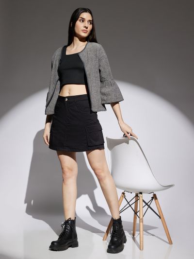 Globus Women Black Stretchable Mid Rise A-Line Cargo Mini Skirt