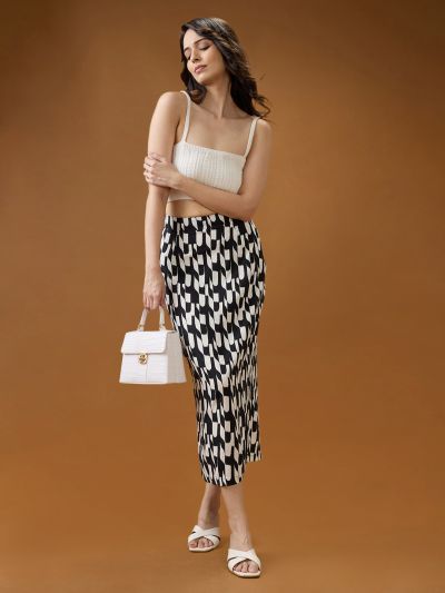 Globus Women Black & White Abstract Mid-Rise Back Slit Straight Midi Skirt