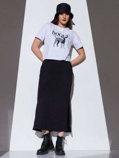 Globus Women Black Mid-Rise Solid Side Slit Straight Midi Denim Skirt