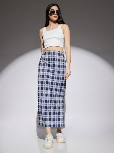 Globus Women Navy & White Checks Print Mid Rise Side Slit Pencil Midi Skirt