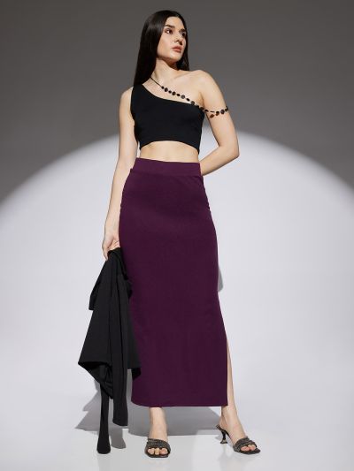 Globus Women Wine Shimmer Detail High Rise Side Slit Snug Fit Pencil Maxi Party Skirt