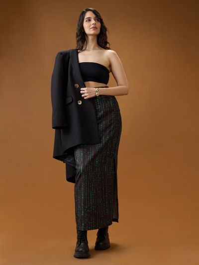Globus Women Black & Green Digital Print Mid-Rise Side Slit Straight Midi Skirt