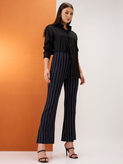 Globus Women Navy Striped Mid-Rise Stretchable Bootcut Trousers